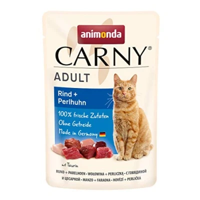 Abbildung von Carny Katzenfutter nass Pouch Rind + Perlhuhn (12 x 85g), Katzen Nassfutter ohne Getreide und Zucker für ausgewachsene von animonda mit frischen fleischlichen Zutaten, praktische Portionsbeutel