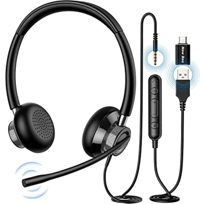 Abbildung von Headset PC New Bee Computer mit Mikrofon Business USB Typ C 3.5mm für Call Center Office Telefonkonferenzen Skype Chat Webinar Präsentationen Online Kurse