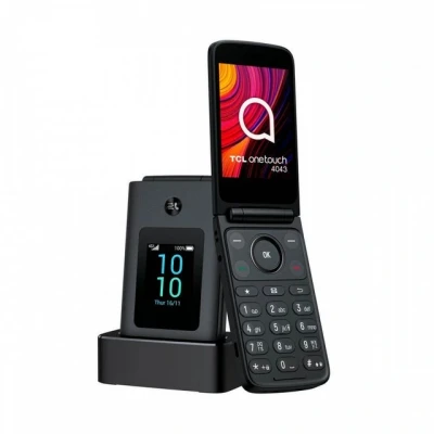 Abbildung von TCL Onetouch 4043 Smartphone, einfach zu bedienen, große Tasten, 4G, Zwei Clip Displays, Taschenlampe, 1380 mAh Akku, Bluetooth, Dual SIM, 3,5 mm Audioanschluss, mit Ladestation (Grau)