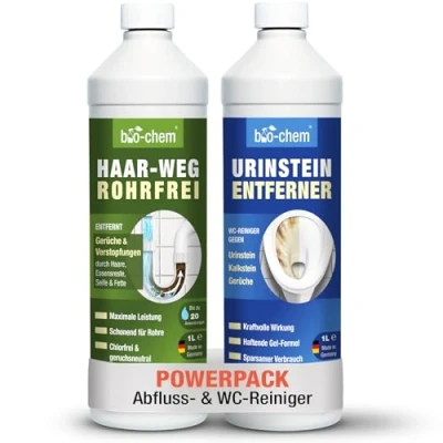 Abbildung von bio chem Badezimmer Reinigungsset 2 teilig: Haar Weg Abflussreiniger 1 l + Urin und Kalksteinentferner Rohrreiniger, WC Reiniger, Kalkentferner, Geruchsneutralisierer, Geruchsbekämpfer