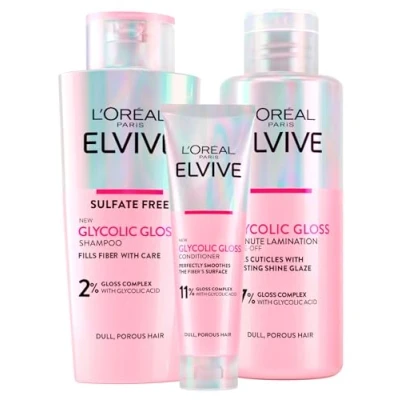 Abbildung von L&#039;Oréal Paris, Elvive Glycolic Gloss, 150 ml Pflegespülung + 200 Shampoo 5 Minuten Laminierungsbehandlung mit für stumpfes und poröses Haar, intensive langanhaltende Glanzpflege 3