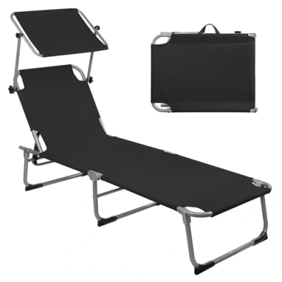 Abbildung von Montafox Sonnenliege 195 x 59 32 cm Strand Liege Tragbar max.150 kg Sonnendach Verstellbarer Rückenlehne Garten Pool Terrasse Klappbarer Liegestuhl, Farbe:Schwarz