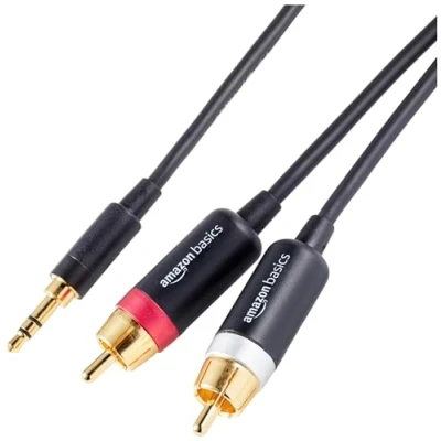 Abbildung von Amazon Basics 3.5 Aux auf 2 RCA Adapter Audiokabel für Verstärker, aktive Lautsprecher mit vergoldeten Steckern, 4.6 m, Schwarz