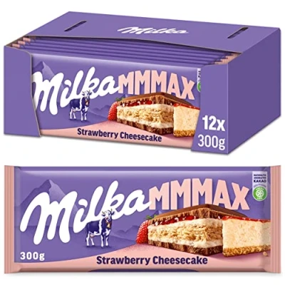 Abbildung von Milka Strawberry Cheesecake 12 x 300 g Schokoladentafel aus Alpenmilch mit Erdbeer Käsekuchen Füllung und Keks