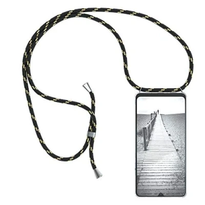 Abbildung von EAZY CASE Handykette kompatibel mit Huawei Mate 20 X/Mate X 5G Handyhülle Umhängeband, Handykordel Schutzhülle, Silikonhülle, Hülle Band, Stylische Kette Hülle, Schwarz/Gold