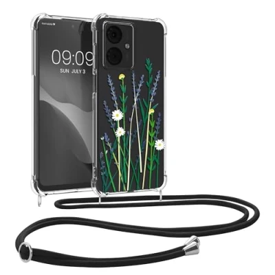 Abbildung von kwmobile Necklace Case kompatibel mit Motorola Moto G14 Hülle Silikon Cover Handykette Lavendel Grün Transparent Blumenhalme