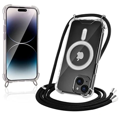 Abbildung von JProtect Magnetische Handykette für iPhone 14 Plus Magsafe Hülle/iPhone Hülle mit Band zum Umhängen Schwarz Kordel/Kette Handyhülle Magnet