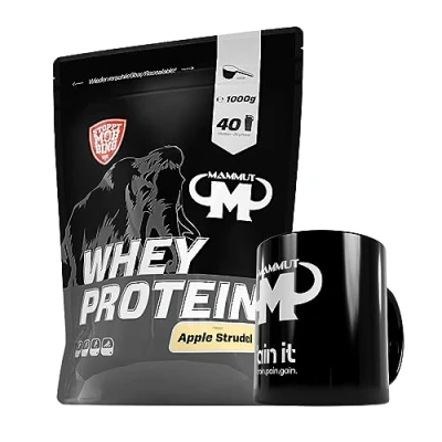 Abbildung von 1kg Mammut Whey Protein Eiweißshake Set inkl. Shaker, Riegel, Powderbank oder Tasse (Apple Strudel, Keramik Tasse)