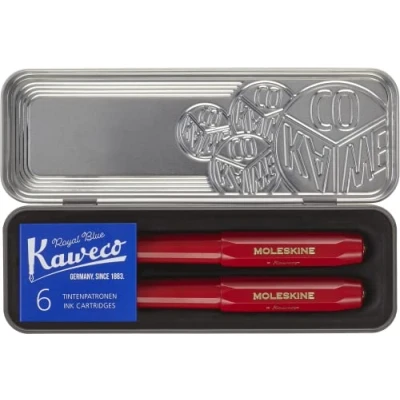 Abbildung von Moleskine x Kaweco Füllfederhalter aus ABS Kunststoff mit Vergoldeter Feder der Größe M und Kugelschreiber, Nachfüllmine 1,0mm Blauer Tinte 6 Blaue Tintenpatronen Inklusive, Farbe Rot