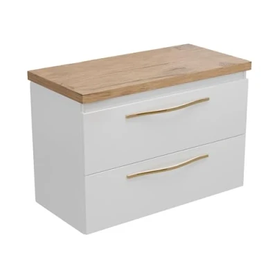Abbildung von paplinskimoebel Girona Badmöbel 80 x 40 55cm, Hochglanzlack weiß+ Holz Platte, Zwei Schubladen + Goldfarbene Griffe, Unterbauschrank badschrank, für Wandmontage mit Soft Close System, Glamour Style