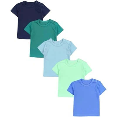 Abbildung von TupTam Baby Jungen Kurzarm T Shirt mit Aufdruck Unifarben Sterne Streifen 5er Set, Farbe: Dunkelblau Blau Mineralgrün Dunkelgrün Hellgrün, Größe: 74