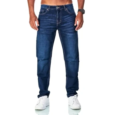 Abbildung von JEEL Herren Sweat Jeans Regular Fit Straight Cut Stretch Washed Denim Look Hose 01 Navy 30W / 30L