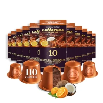 Abbildung von Kaffee Orangen Kokosnuss Espresso Crema Premium Aromatisierter 110 Aluminium Kaffeekapseln 100% Recycelbar La Natura Lifestyle
