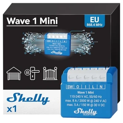 Abbildung von Shelly Qubino Wave 1 Mini, Smart switch, Wireless, Plastic, Matt, 25 dBmW, 868.4 MHz