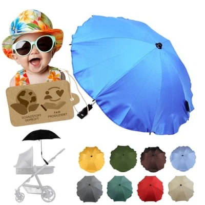 Abbildung von Sonnenschutz universal [Sonnenschirm für Kinderwagen] Buggy UV Schutz 50+ mit Universalhalterung biegsamer Schirm Rund und Ovalrohre verstellbar (türkis)
