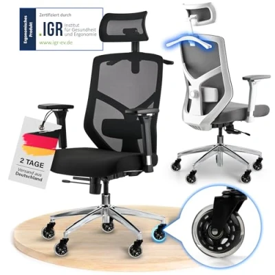 Abbildung von ELITESEATS Bürostuhl Ergonomisch Zertifiziert Schreibtischstuhl 4D Armlehnen Büro Stuhl [Leise, Kratzerfreie Rollen] Home Office Chair 2D Lordosenstütze Ergonomischer Computerstuhl, Drehstuhl 150kg
