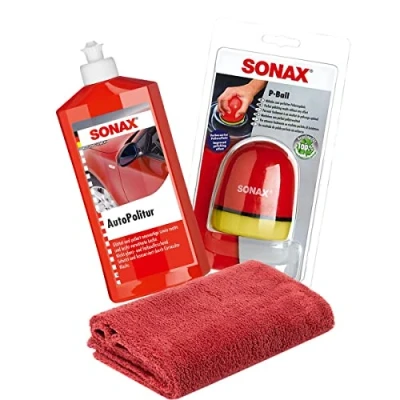 Abbildung von detailmate SONAX Hand Polier Bundle: Autopolitur für Bunt und Metalliclacke 500ml + P Ball ergonomischer Edgeless Mikrofaser Poliertuch 550GSM rot
