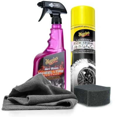 Abbildung von Auto Reifenpflege &amp; Felgenpflege Set Meguiar&#039;s Ultimate Tyre Shine Foam + Meguiars Hot Rims Wheel Cleaner Applikator Pad Mikrofasertuch Pflege Reinigung von Felgen Reifen