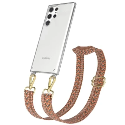 Abbildung von EAZY CASE Handykette Verstellbarer Trageriemen kompatibel mit Samsung Galaxy S22 Ultra, Handytaschenband, Handykordel Phone Case, Ersatzgurt für Ketten, Orange/Grün Haken Gold