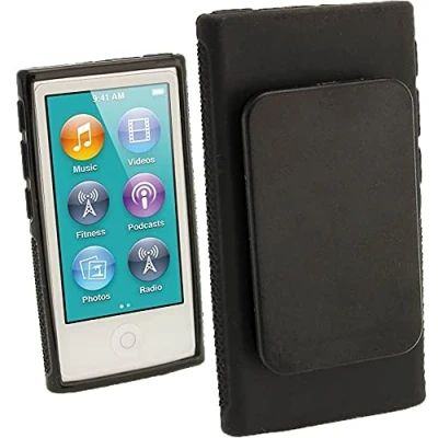 Abbildung von iGadgitz U2064 Schwarz Kristall Gel Tasche TPU Schutzhülle Etui mit integriertem Sport Clip + Displayschutzfolie Kompatibel Apple iPod Nano 7 Gen