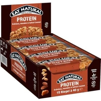 Abbildung von Eat Natural Frucht &amp; Nussriegel Protein Erdnüsse, Mandeln Salzkaramell Proteinquelle, glutenfreier Snack Perfekt für unterwegs. 12x40 g