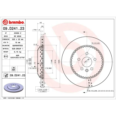 Abbildung von BREMBO 09.D241.23 Bremsscheibe 325 20 5 innenbelüftet, Verbundbremsscheibe beschichtet LAND ROVER: Range Rover Evoque, Discovery Sport