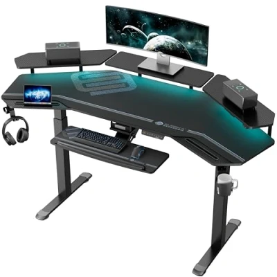 Abbildung von EUREKA ERGONOMIC Höhenverstellbarer Schreibtisch 182x76cm Stehpult in Flügelform Gaming Tisch Höhenverstellbar Elektrisch Groß mit Led Monitorständer und Tastaturablage