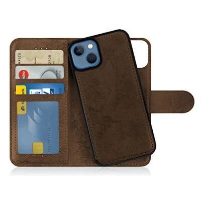 Abbildung von MyGadget Flip Case für iPhone 13 [ abnehmbare Magnet Hülle ] Handyhülle aus Kunstleder Klapphülle mit Kartenfach Schutzhülle in Braun