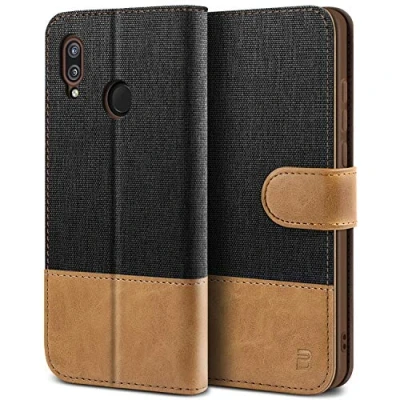 Abbildung von BEZ Hülle für Huawei P20 Lite Hülle, Handyhülle Kompatibel Lite, Handytasche Schutzhülle Tasche Case [Stoff und PU Leder] mit Kreditkartenhaltern, Schwarz