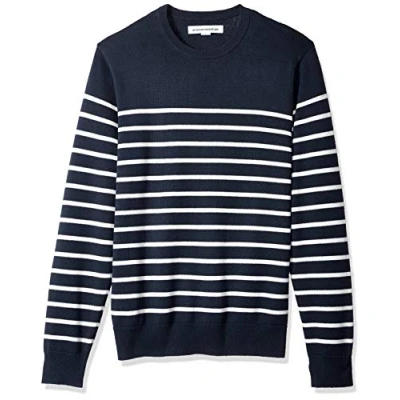 Abbildung von Amazon Essentials Herren Langärmliger Pullover Mit Rundhalsausschnitt, 100% Baumwolle, Erhältlich In Groß Und Schwer, Dunkles Marineblau Weiß Streifen, XL