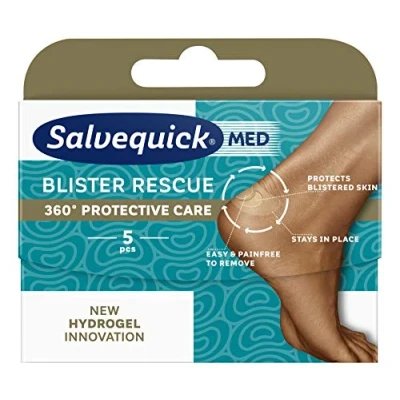 Abbildung von Salvequick ® Blister Rescue 5 Hydrogel Wundpolster für Fußblasen zur Druckentlastung. Einfache und schmerzfreie Entfernung Einheiten in verschiedenen Größen eine 360 Fersenschutzpflege
