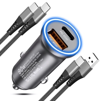 Abbildung von Zigarettenanzünder USB C Autoladegerät 90W,Kfz Ladegerät Auto Stecker PD&amp;QC3.0 Adapter mit 2Pack Ladekabel für iPhone 16 15 Pro Max,Samsung S25 S24 S23,i Pad