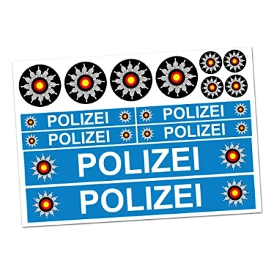 Abbildung von 6 x Polizei Aufkleber Sticker für Auto Boot Caravan Bus Bike Fahrrad Dreirad Rutschauto Spielauto Modellbau Helm RC Car Plakette (R023 Blau)