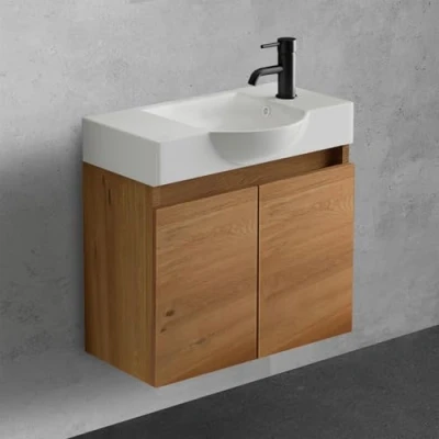 Abbildung von Alpenberger Waschtisch mit Unterschrank 55 cm Breit Waschbecken Bad Möbel Modern Set Bamboo Kleines Gäste WC Waschbeckenunterschrank Badezimmermöbel