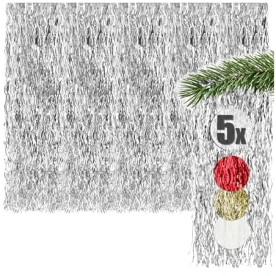 Abbildung von com four® 5X Lametta silberfarbene Girlande für Weihnachten Christbaumschmuck den Tannenbaum Vorhang mit welligen Fäden (silberfarben 05 Stück)