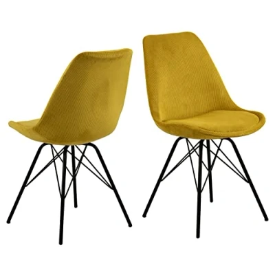 Abbildung von AC Design Furniture Emanuel Cord Esszimmerstuhl mit Rückenlehne 2er Set, Gepolsterter Esszimmerstuhl, Organische Form, Gelb, Stoffsitz Schwarzen Metallbeinen, Perfektes Küchenset