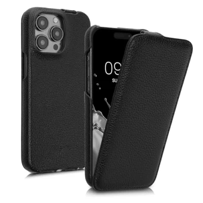 Abbildung von kalibri Flip Hülle Ultra Slim kompatibel mit Apple iPhone 15 Pro Leder Case Schutzhülle Tasche in Schwarz