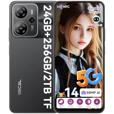 Abbildung von OSCAL 5G Handy ohne Vertrag Tiger 13 24GB+256GB/2TB, Android 14 Smartphone 6.67&quot; HD+ 90Hz, 50MP AI Kamera, 4K Video, 5000mAh/Schnellladung/OTG, Dual SIM/Face ID/Fingerprint/NFC Schwarz