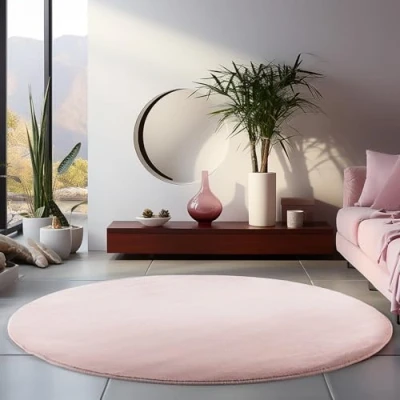 Abbildung von HomebyHome Kurzflor Teppich Wohnzimmer 160 cm Rund Rosa Waschbarer für Schlafzimmer, Esszimmer und Ideal als Küchenteppich Flauschiger Extra Weich, Einfarbig, rutschfest, Modern