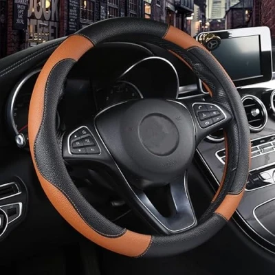 Abbildung von Istn Unisex Sport Stil Kontrast Farbe rutschfeste Schweiß gute atmungsaktive PU Kunstleder 38 cm Auto Lenkrad Abdeckung Orange
