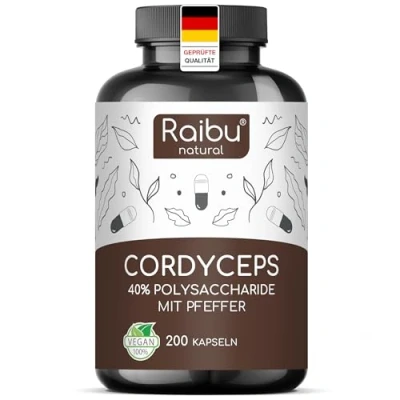 Abbildung von Raibu Cordyceps Kapseln 200 21000 mg Pilz Extrakt pro Tagesdosis (10:1) 40% Polysaccharide Sinensis mit schwarzem Pfeffer