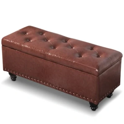 Abbildung von Shally Dogan Sitzhocker mit Stauraum Kunstlederbezug, Fußstütze für Schlafzimmer, Bank, Wohnzimmerhocker, Sofa Struktur und Füßen aus Holz (braun)