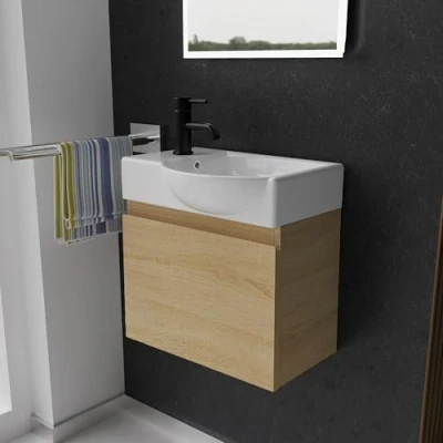 Abbildung von Alpenberger Waschtisch mit Unterschrank Gäste WC Waschbecken Klein 45 cm Breit Keramik Aufsatzwaschbecken Waschbeckenunterschrank Badmöbel Set Hängend Waschtischunterschrank Eiche Hell