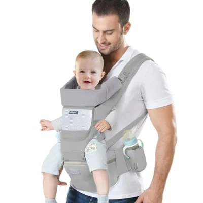 Abbildung von IULONEE Neugeborene Babytrage, Ergonomisch Babytrage mit Hüftsitz Multifunktional Kindertrage Dorsal und Ventral Babyrückentragen für Kleinkinder 3 Monate bis Jahre (3 20kg) Grau