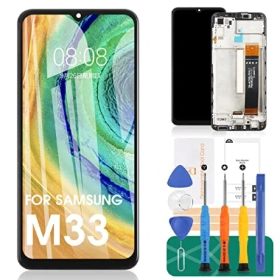 Abbildung von AMOLED für Samsung Galaxy M33 Bildschirm Ersatz LCD Display SM M336B M336BU Digitizer Touchscreen Montage Ersatzteile mit Rahmen (Nicht TFT)