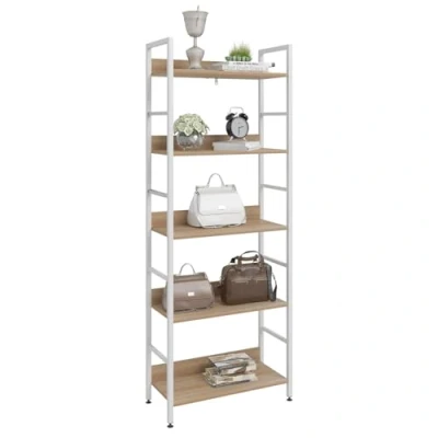 Abbildung von WOLTU Standregal Hochregal Bücherregal Metallregal Schuhregal Badregal Blumentreppe aus Holz und Stahl, mit 5 Ablagen, ca. 60 x 27,5 160 cm, Weiß + Hell Eiche RGB9303hei