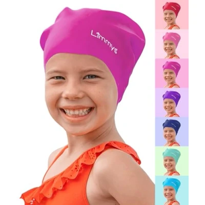 Abbildung von Limmys Premium Badekappe Kinder, badehaube Kinder Langes und kurzes Haar Schwimmkappe für Mädchen Jungen Hochwertige Qualität, Dehnbare &amp; Bequeme (L, Dunkelpink)