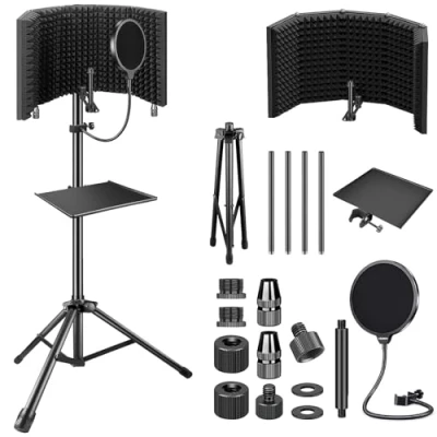 Abbildung von aokeo Mikrofon Isolation Shield mit Pop Filter Stativ Ständer, High Density Absorber Schaum zum Filtern von Vocal, Faltbare Sound für jedes Kondensatormikrofon Studio Aufnhame Ausrüstung