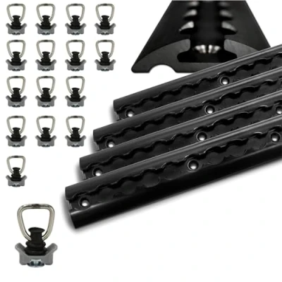 Abbildung von Airlineschienen schwarz aus Aluminium halbrund Airlineschiene pulverbeschichtet zur Ladungssicherung für PKW, LKW, Anhänger, Wohnmobile usw. Zurrschiene Zurrleiste (4x 2 Meter 16 Fittinge)