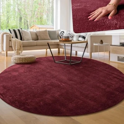 Abbildung von Paco Home Moderner Kuscheliger Wohnzimmer Teppich Kurzflor waschbar flauschig Weich Einfarbig Felloptik zeitlos stilvoll rutschfest pflegeleicht, Grösse:200 cm Rund, Farbe:Rot
